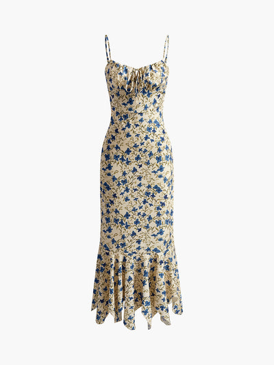 Lily - Vestido largo con estampado floral y dobladillo irregular anudado
