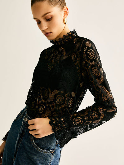 Hannah - Camiseta de cuello alto con bordado floral de encaje semi transparente