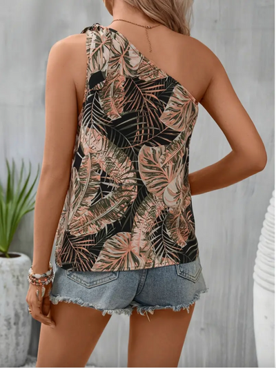 Zoë - Blusa de un hombro con estampado tropical