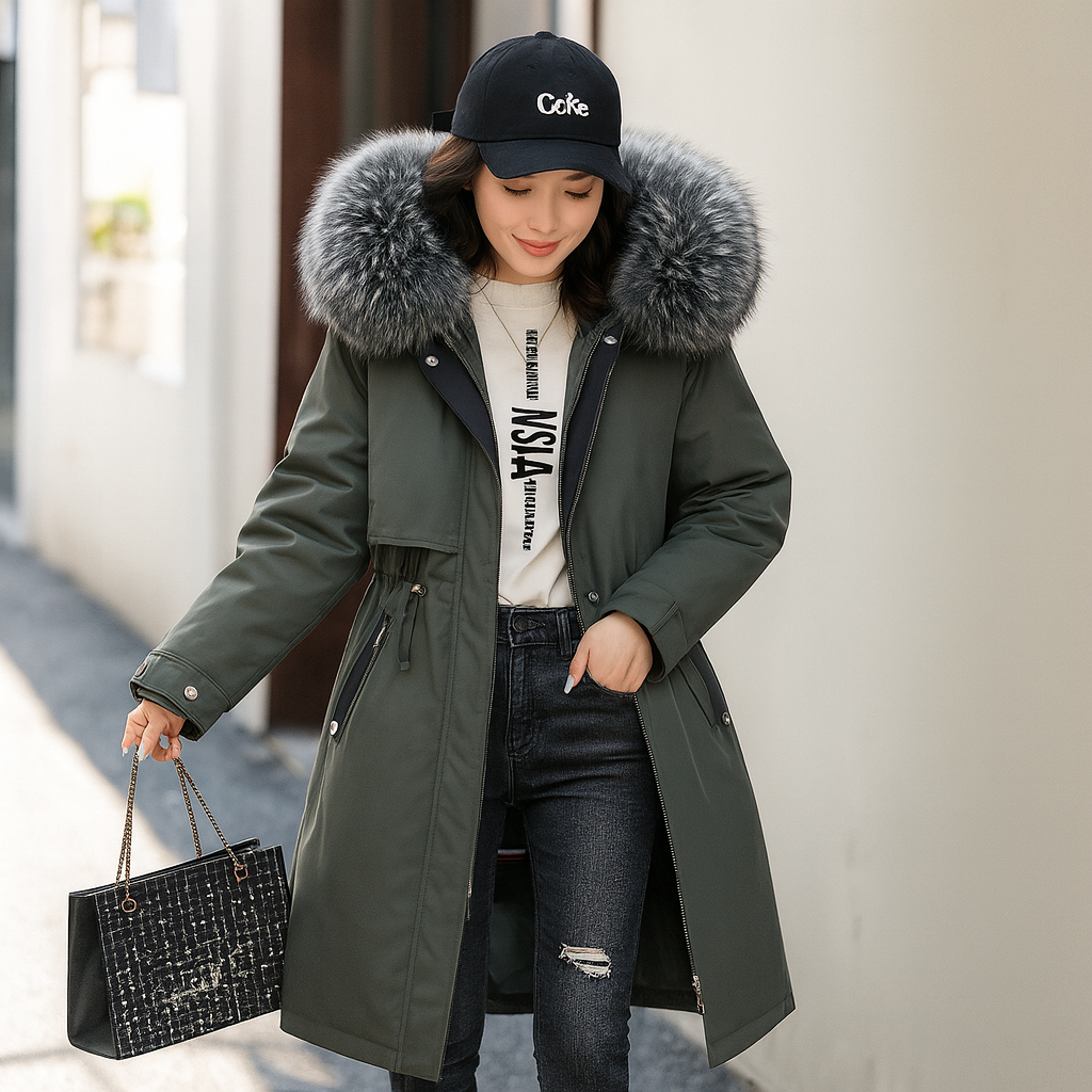 Cazadora larga para mujer con cuello efecto pelo - Mirelle