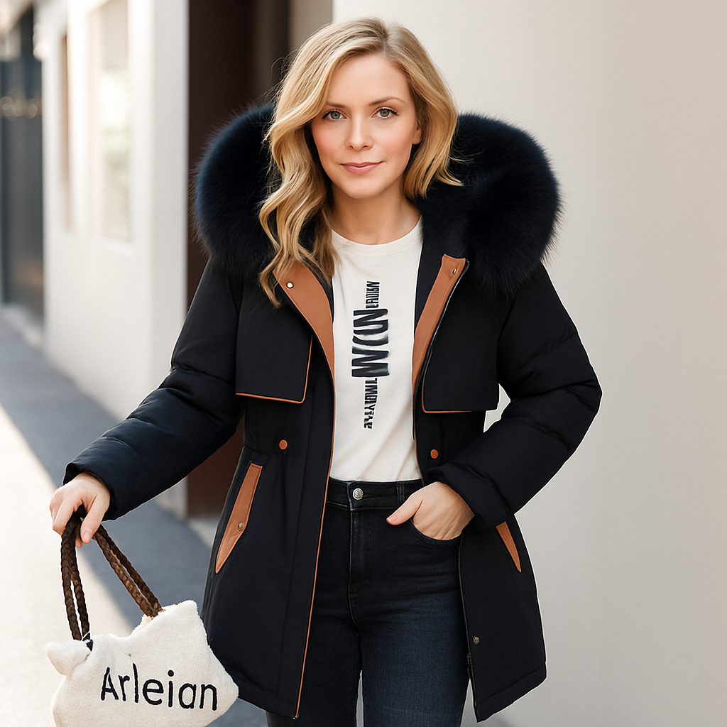 Cazadora larga para mujer con cuello efecto pelo - Mirelle