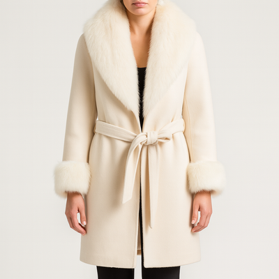 Abrigo largo para mujer con cuello de pelo y cinturon - Margaretti