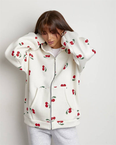 Sudadera mujer con capucha y cremallera estampado cerezas - Mely