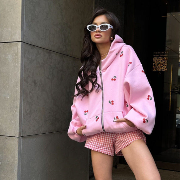 Sudadera mujer con capucha y cremallera estampado cerezas - Mely