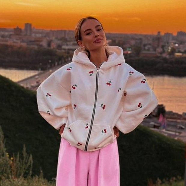 Sudadera mujer con capucha y cremallera estampado cerezas - Mely