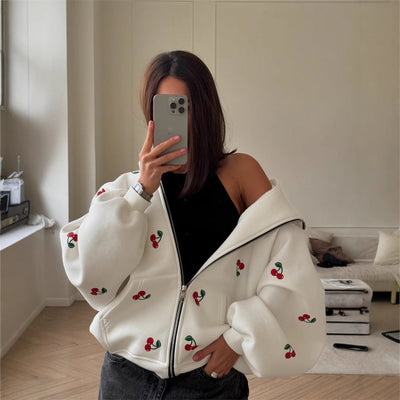 Sudadera mujer con capucha y cremallera estampado cerezas - Mely