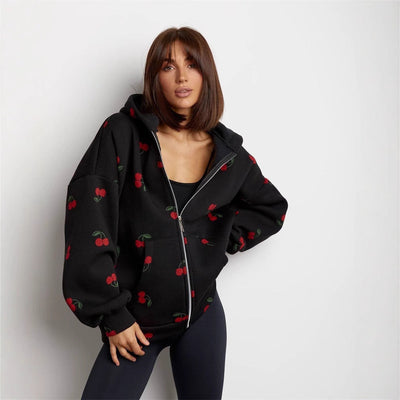 Sudadera mujer con capucha y cremallera estampado cerezas - Mely