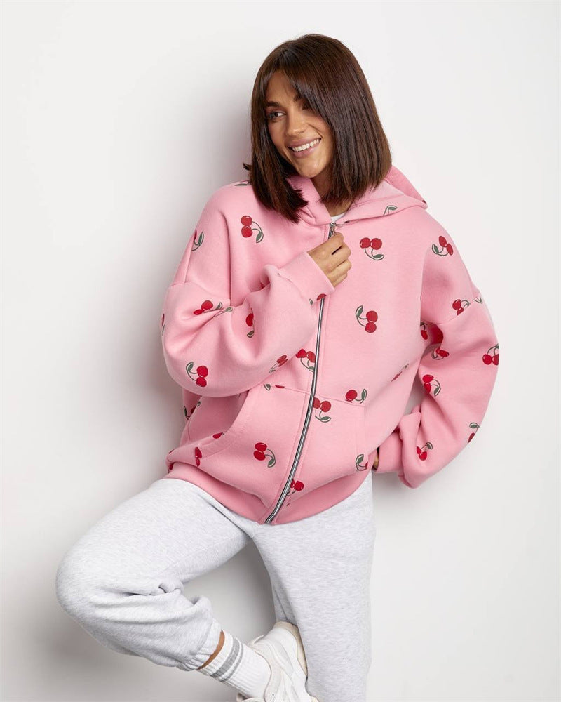 Sudadera mujer con capucha y cremallera estampado cerezas - Mely