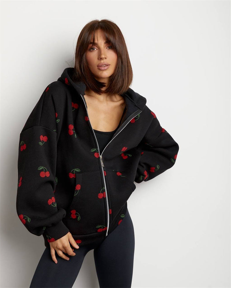 Sudadera mujer con capucha y cremallera estampado cerezas - Mely