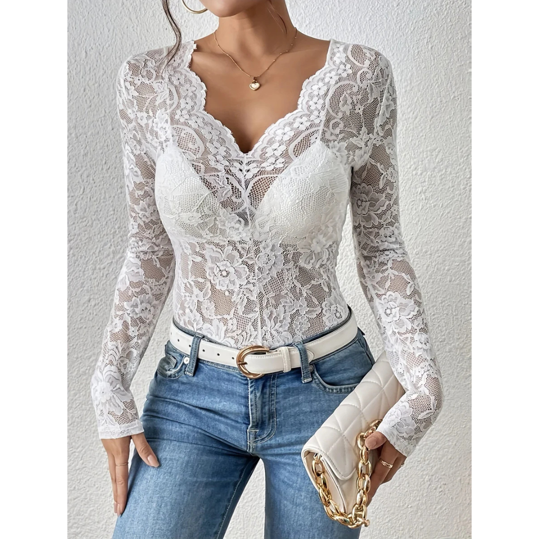 Blusa mujer encaje manga larga escote en V - Elodie