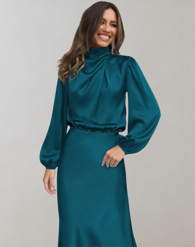 Vestido satinado mujer manga larga cuello alto - Eleonora