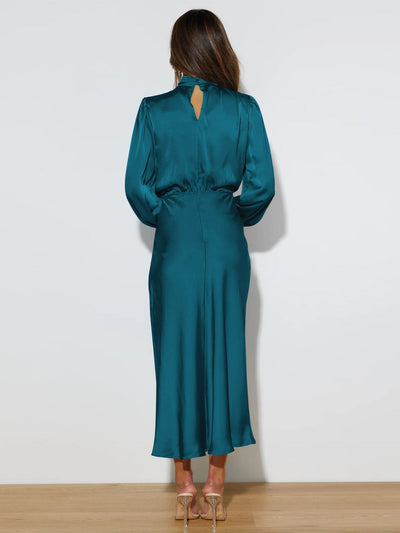 Vestido satinado mujer manga larga cuello alto - Eleonora