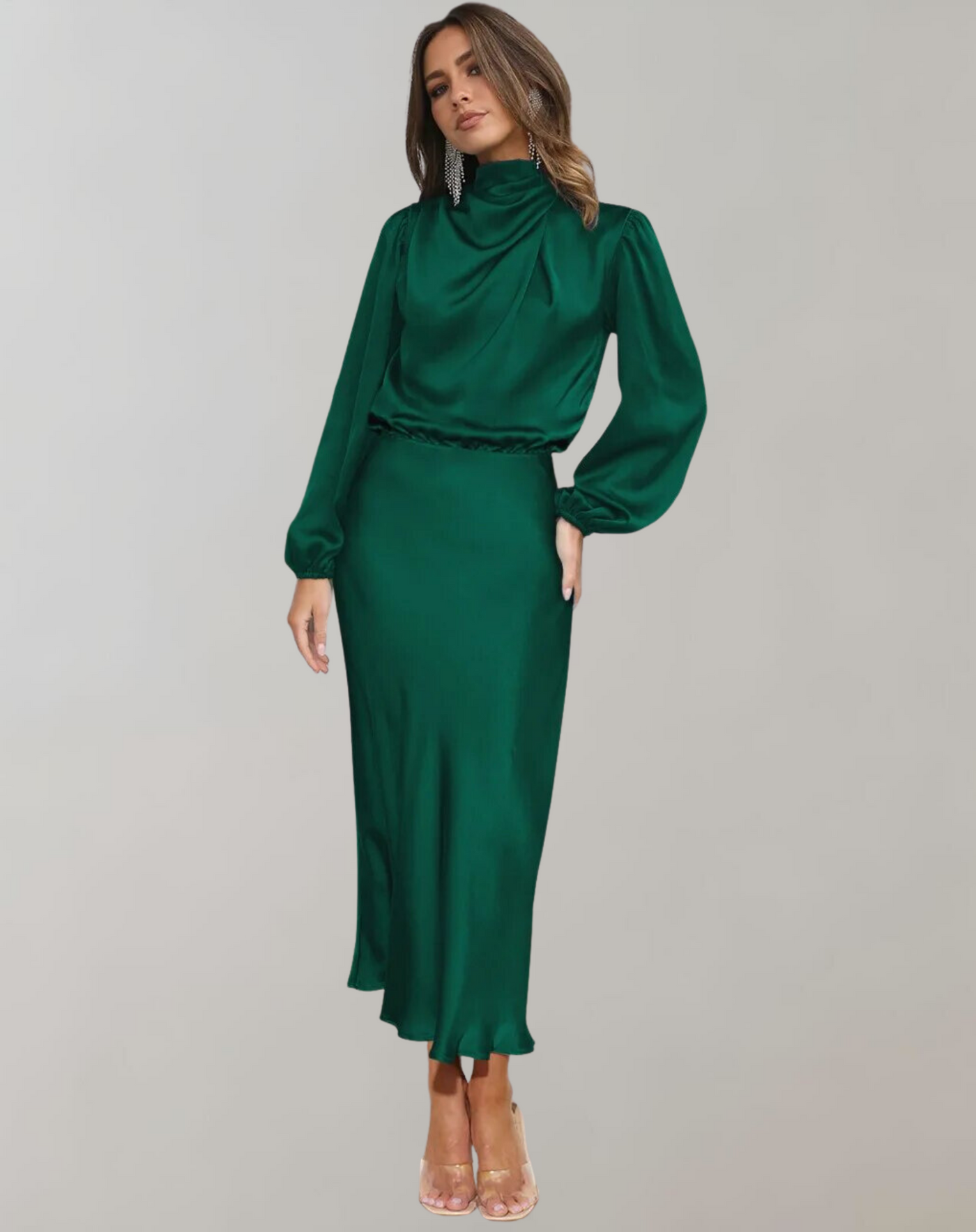 Vestido satinado mujer manga larga cuello alto - Eleonora