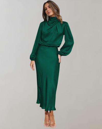 Vestido satinado mujer manga larga cuello alto - Eleonora