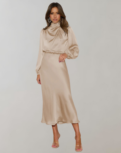Vestido satinado mujer manga larga cuello alto - Eleonora