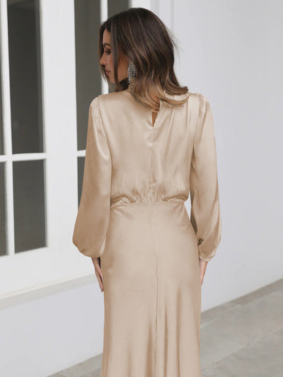 Vestido satinado mujer manga larga cuello alto - Eleonora