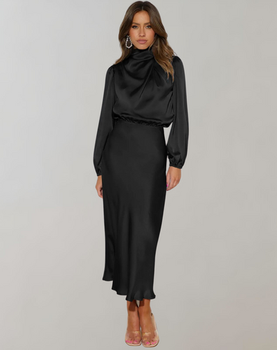Vestido satinado mujer manga larga cuello alto - Eleonora