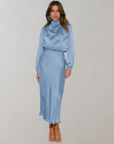 Vestido satinado mujer manga larga cuello alto - Eleonora