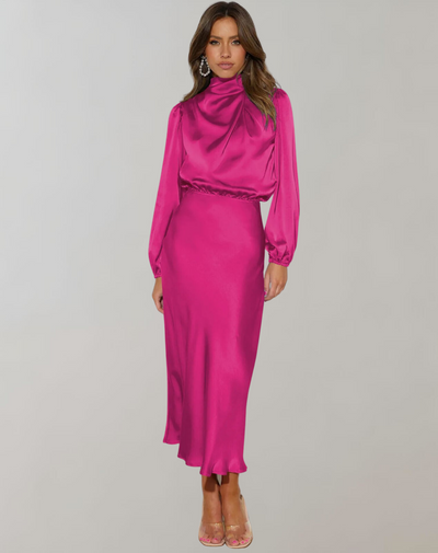 Vestido satinado mujer manga larga cuello alto - Eleonora