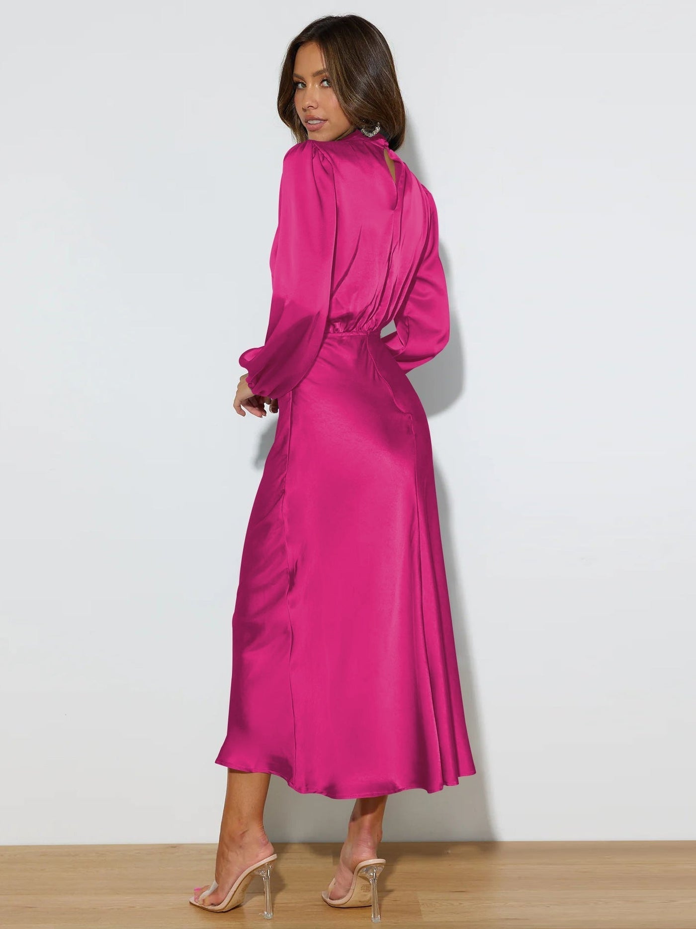 Vestido satinado mujer manga larga cuello alto - Eleonora