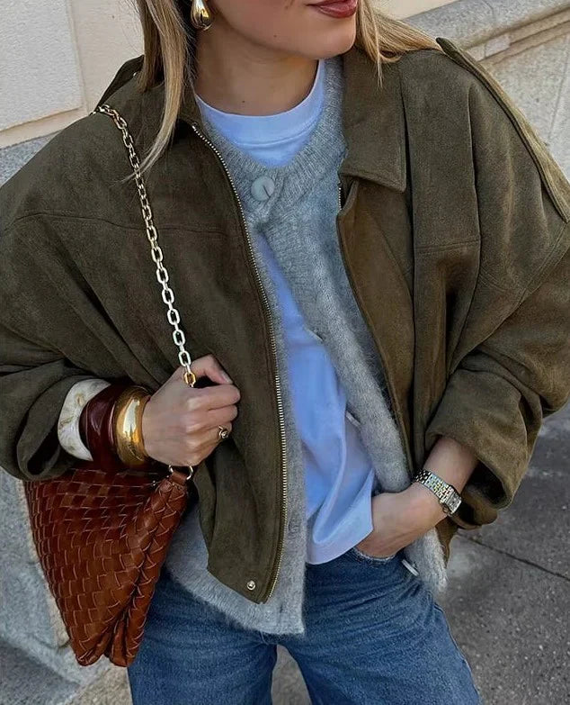 Chaqueta oversized de mujer en piel vegana estilo ante - Fabiane