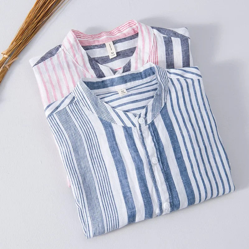 Camisa de hombre de lino de alta calidad en rosa y azul