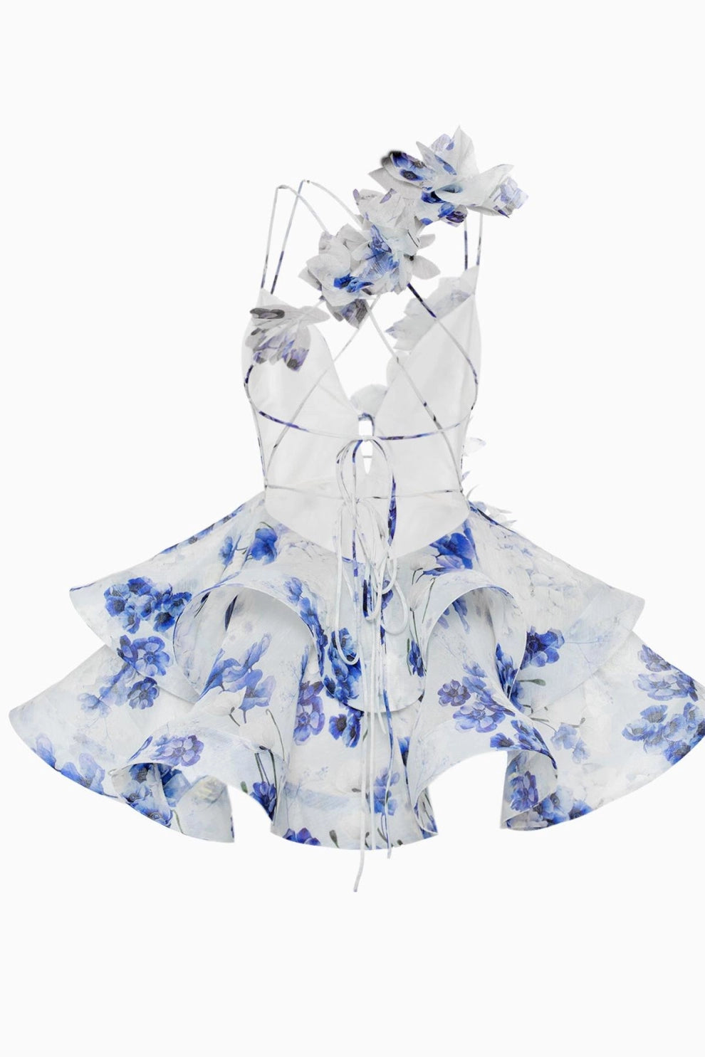 Isabella - Vestido Mini con Volantes de Gasa y Flores 3D