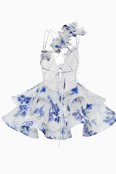 Isabella - Vestido Mini con Volantes de Gasa y Flores 3D
