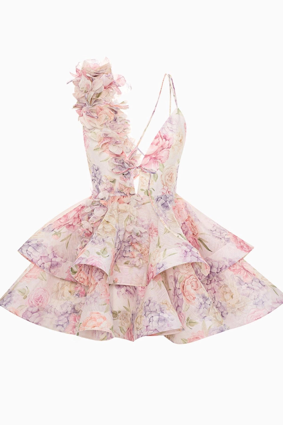 Isabella - Vestido Mini con Volantes de Gasa y Flores 3D