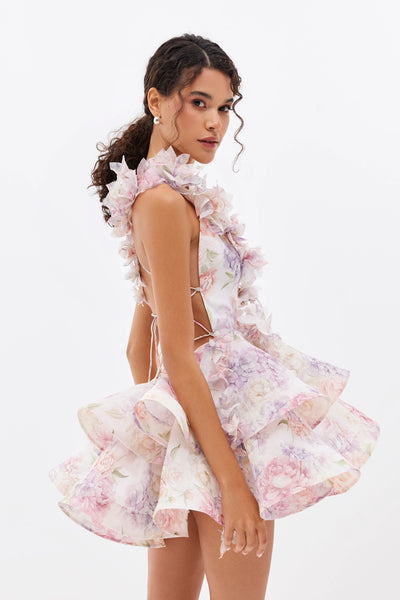 Isabella - Vestido Mini con Volantes de Gasa y Flores 3D