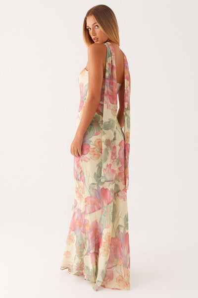Camila - Vestido Largo Strapless de Gasa con Estampado Floral