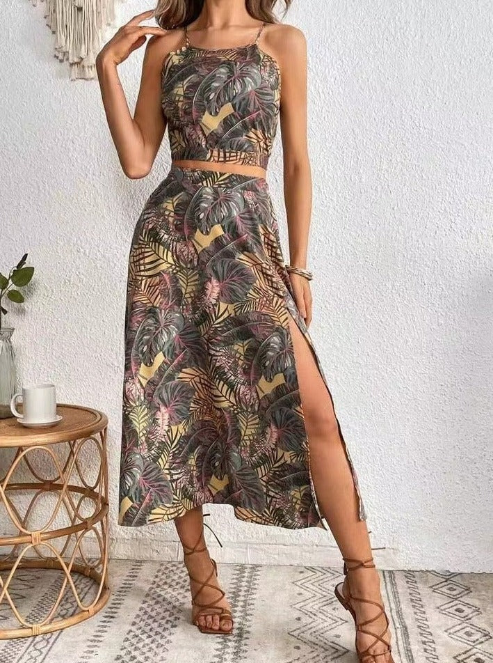 Kara - Conjunto de falda de dos piezas con estampado tropical