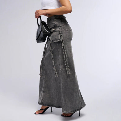 Falda larga mujer denim con bolsillos utilitarios estilo recto - Renata