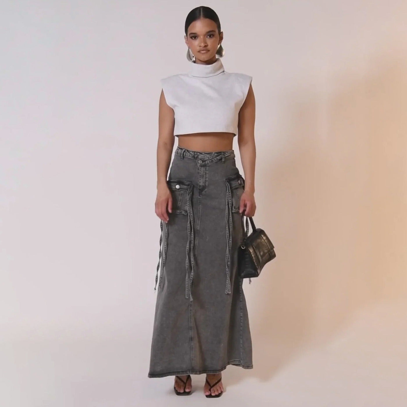 Falda larga mujer denim con bolsillos utilitarios estilo recto - Renata
