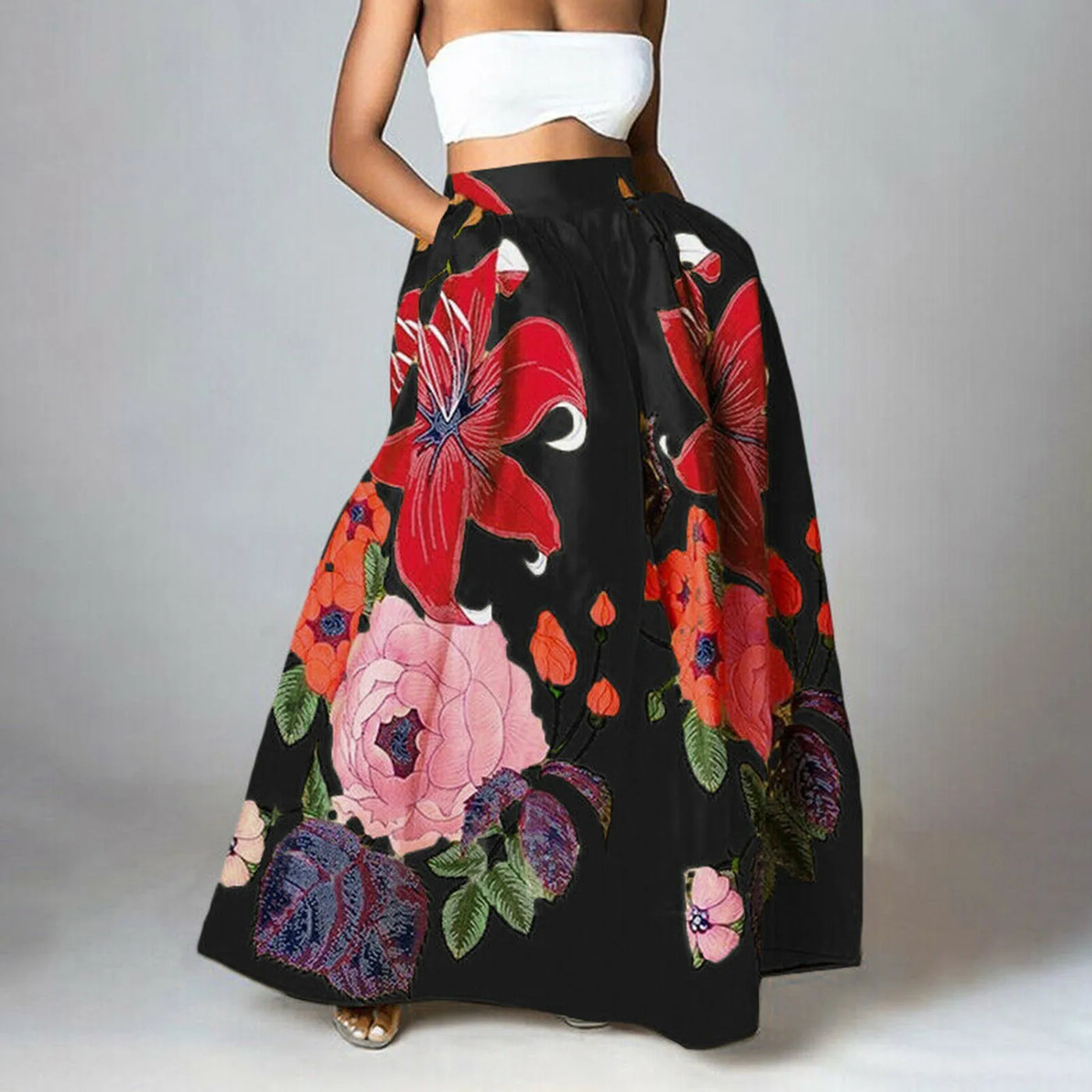 Maxi falda de mujer con estampado floral, de talle alto y elegante