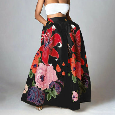Maxi falda de mujer con estampado floral, de talle alto y elegante