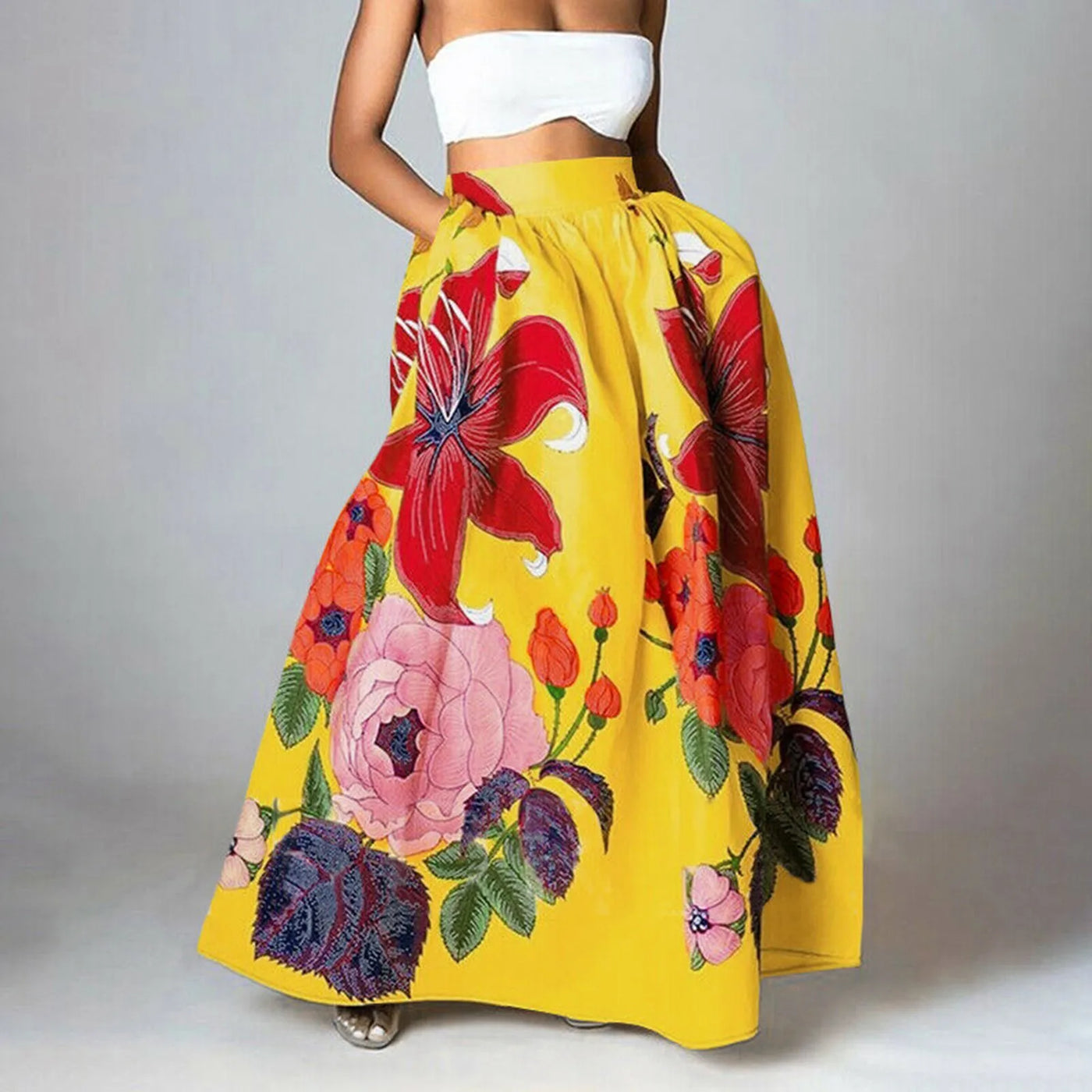 Maxi falda de mujer con estampado floral, de talle alto y elegante