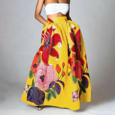 Maxi falda de mujer con estampado floral, de talle alto y elegante