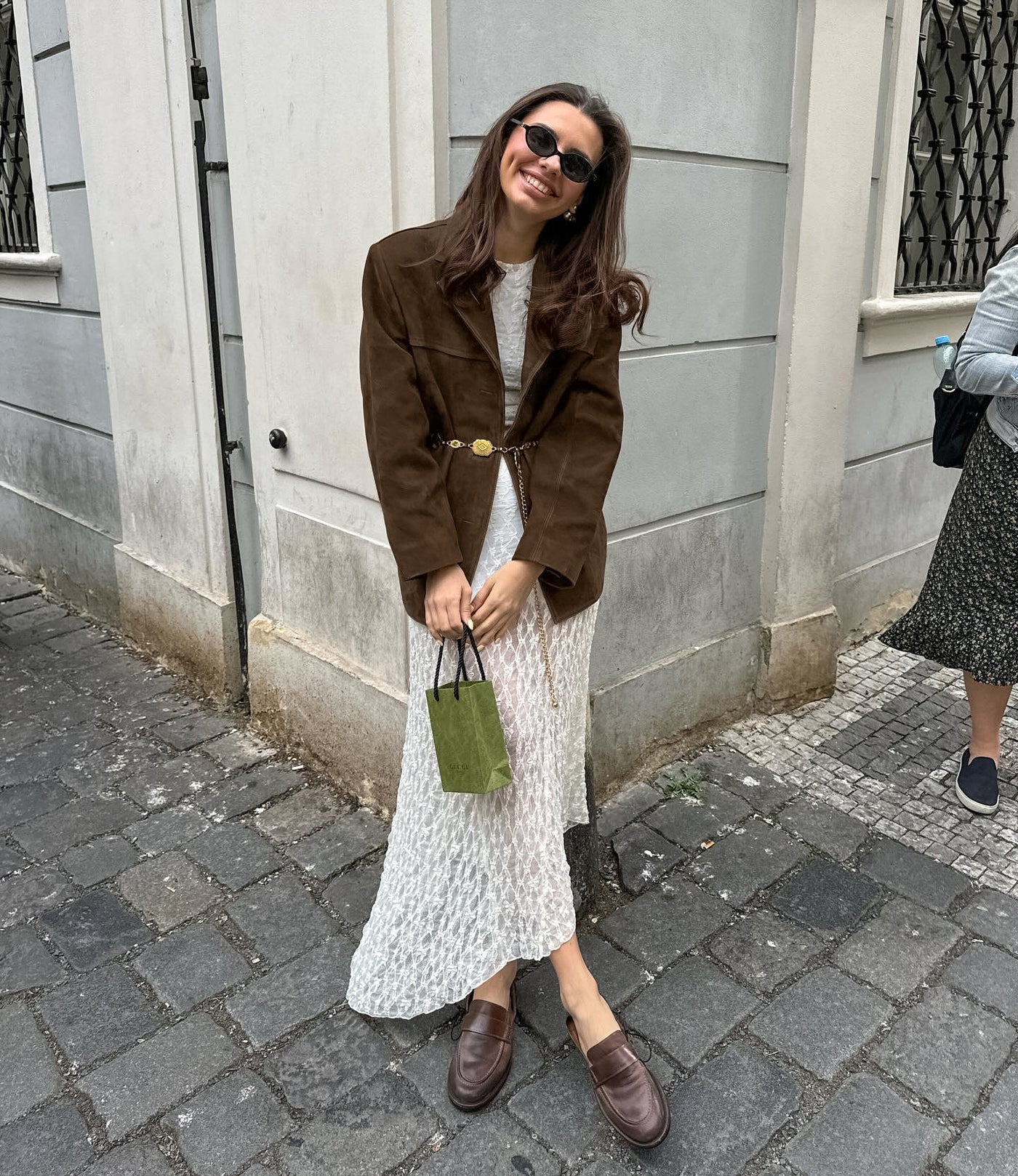 Chaqueta holgada de ante con solapas retro de terciopelo - Loise