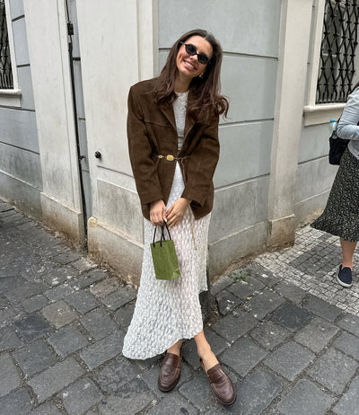 Chaqueta holgada de ante con solapas retro de terciopelo - Loise