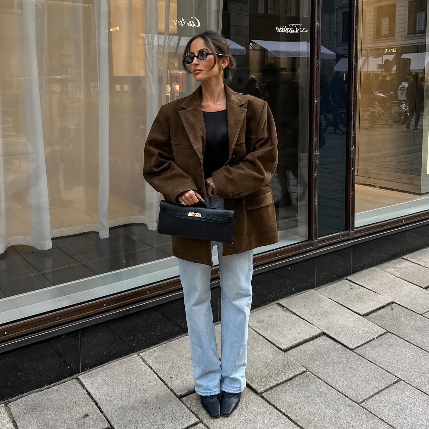 Chaqueta holgada de ante con solapas retro de terciopelo - Loise