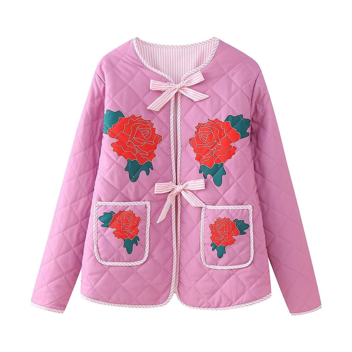 Scarlett - Abrigo rosa de mujer con patchwork y lazo