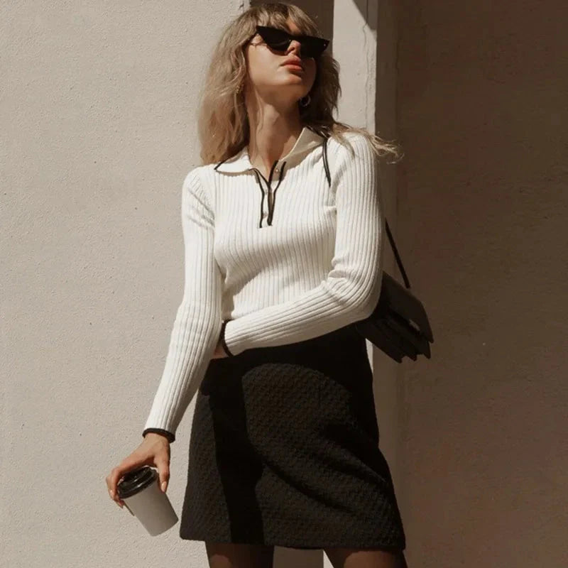 Jersey de punto fino para mujer con cuello clásico - Évanie