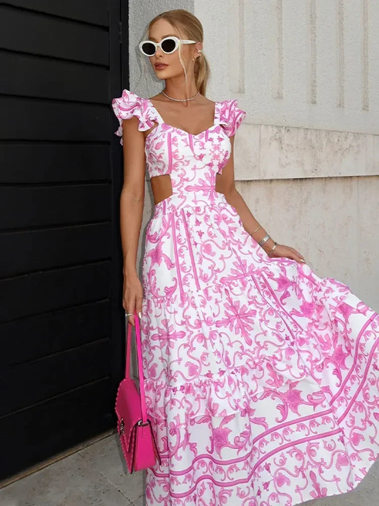 Sally - Vestido largo color rosa con estampado floral