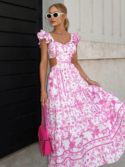 Sally - Vestido largo color rosa con estampado floral