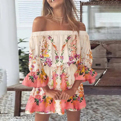 Amalina - Elegante vestido sin hombros con estampado floral