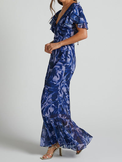 Sarah - Vestido maxi de chiffón estampado con escote en V