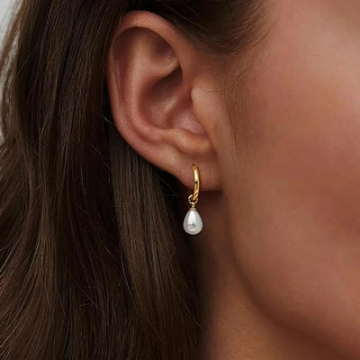 Pendientes Mujer Dorados con Perla Gota Blanca - Dalia