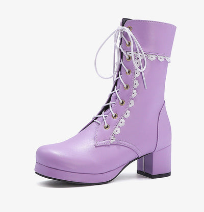 Botines de cordones con encaje decorativo - Celeste