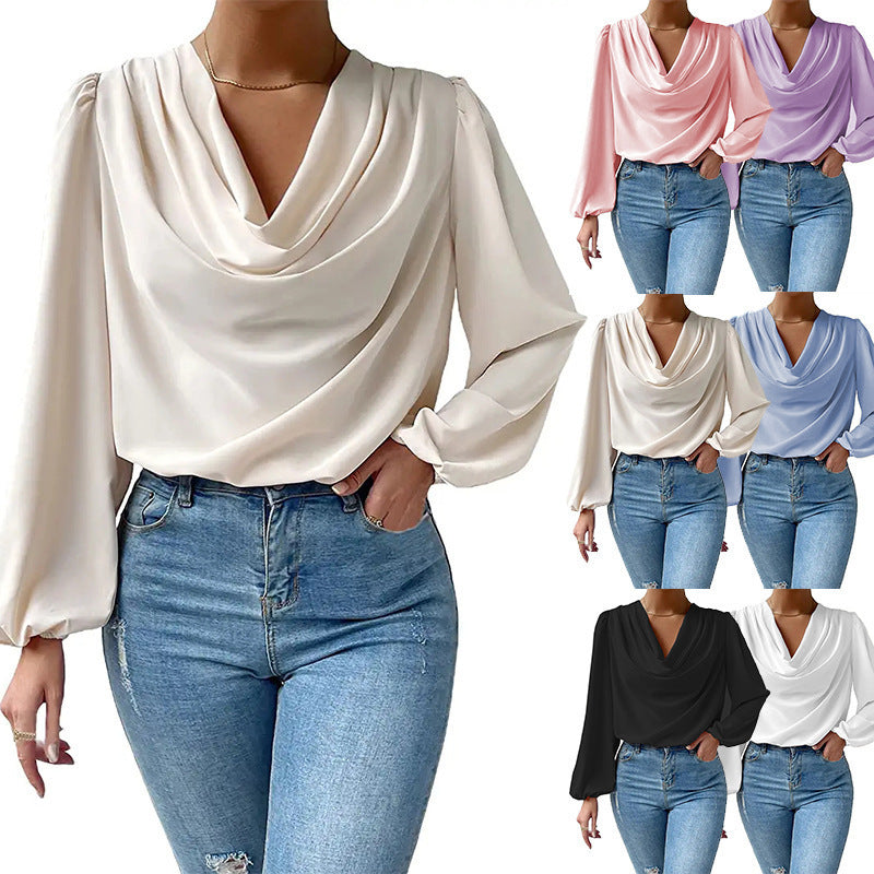 Lea - Elegante blusa de gasa para mujer con cuello paloma y mangas largas